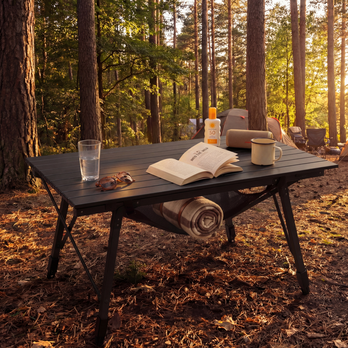 camping tafel, outdoor tafel, buitenmeubels, tafel met opbergruimte, kampeerset