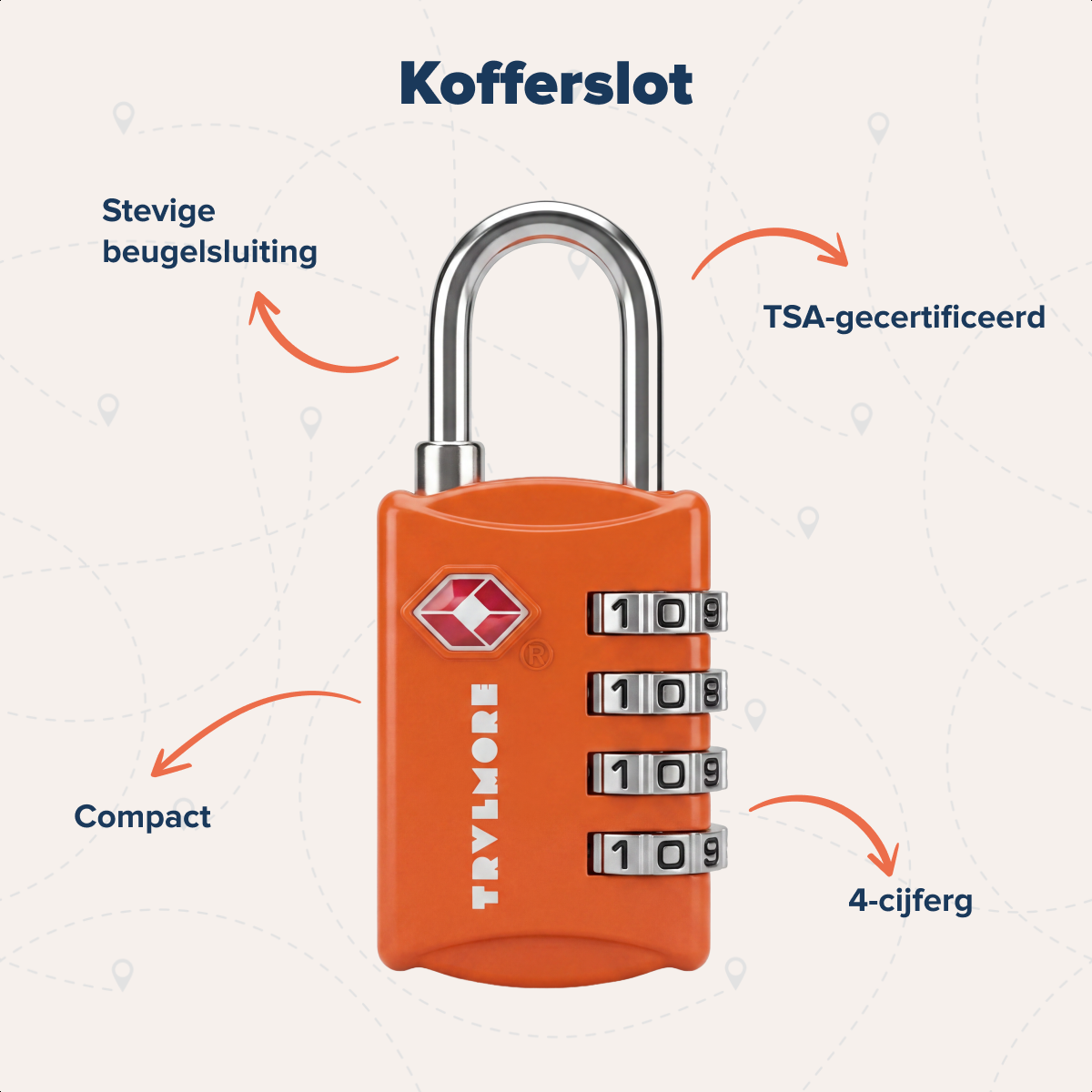 kofferslot, codeerbaar, 4-cijfer, kunststof, oranje