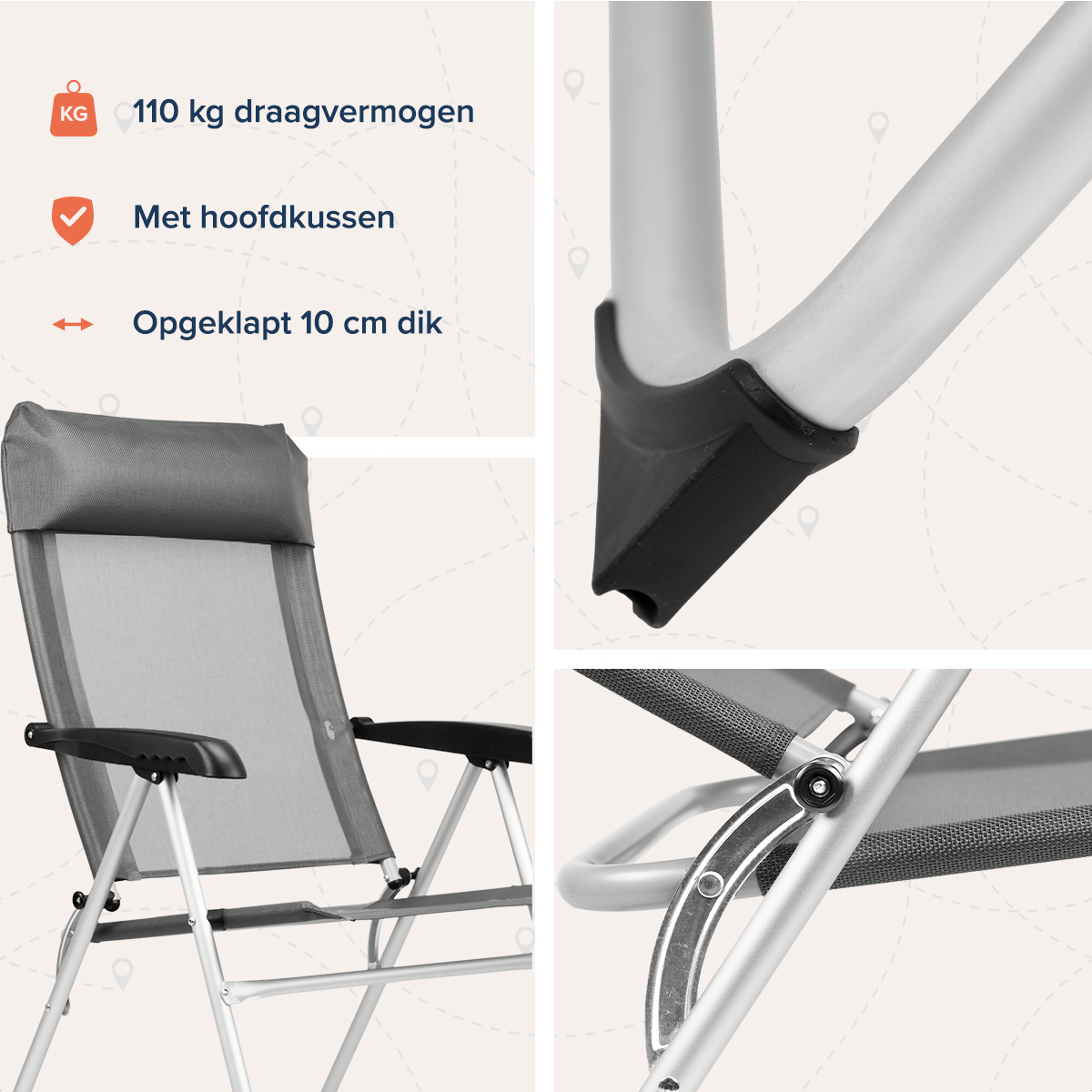 stoel, tuinstoel, met hoofdsteun, aluminium frame, netstoffering