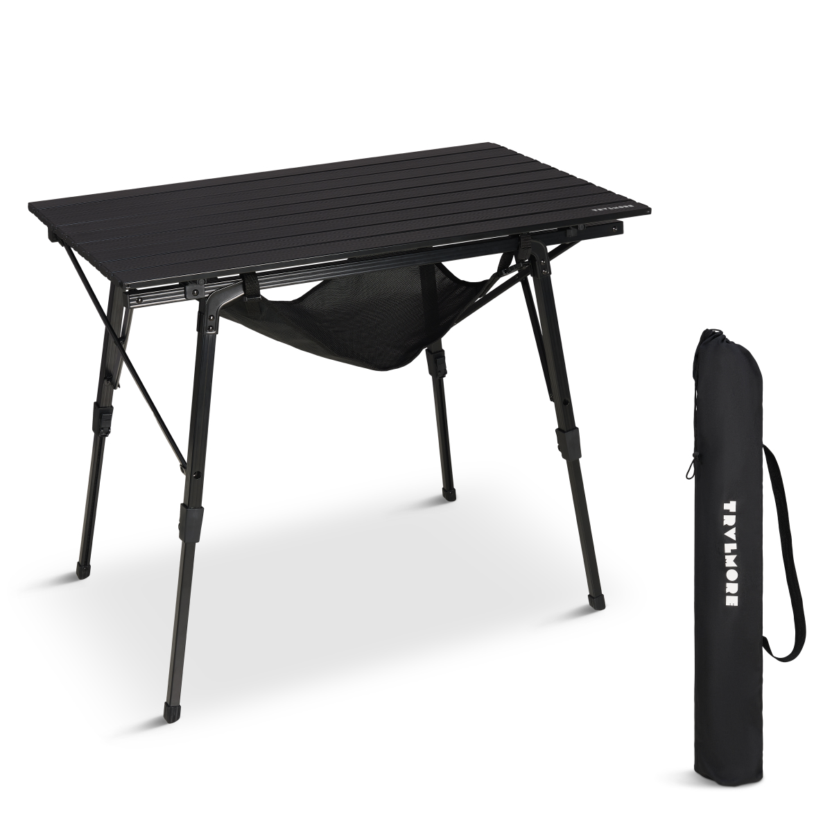 platte tafel, camping tafel, hoogte verstelbaar, opvouwbaar onderstel, transportzak
