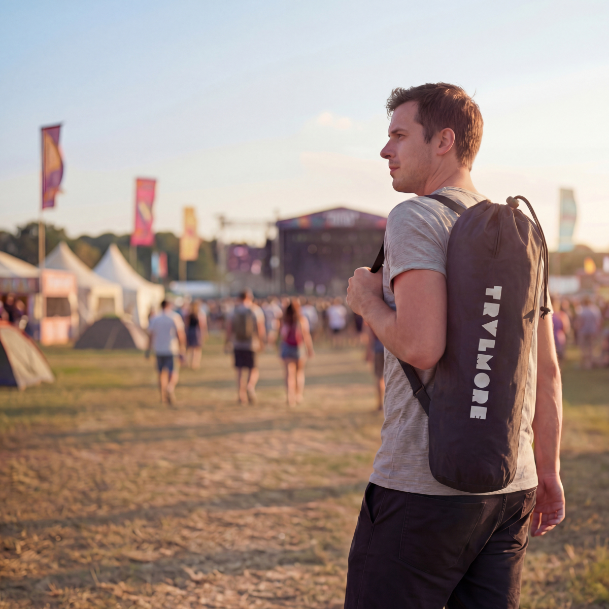 rugzak, t-shirt, man, festival, backpack