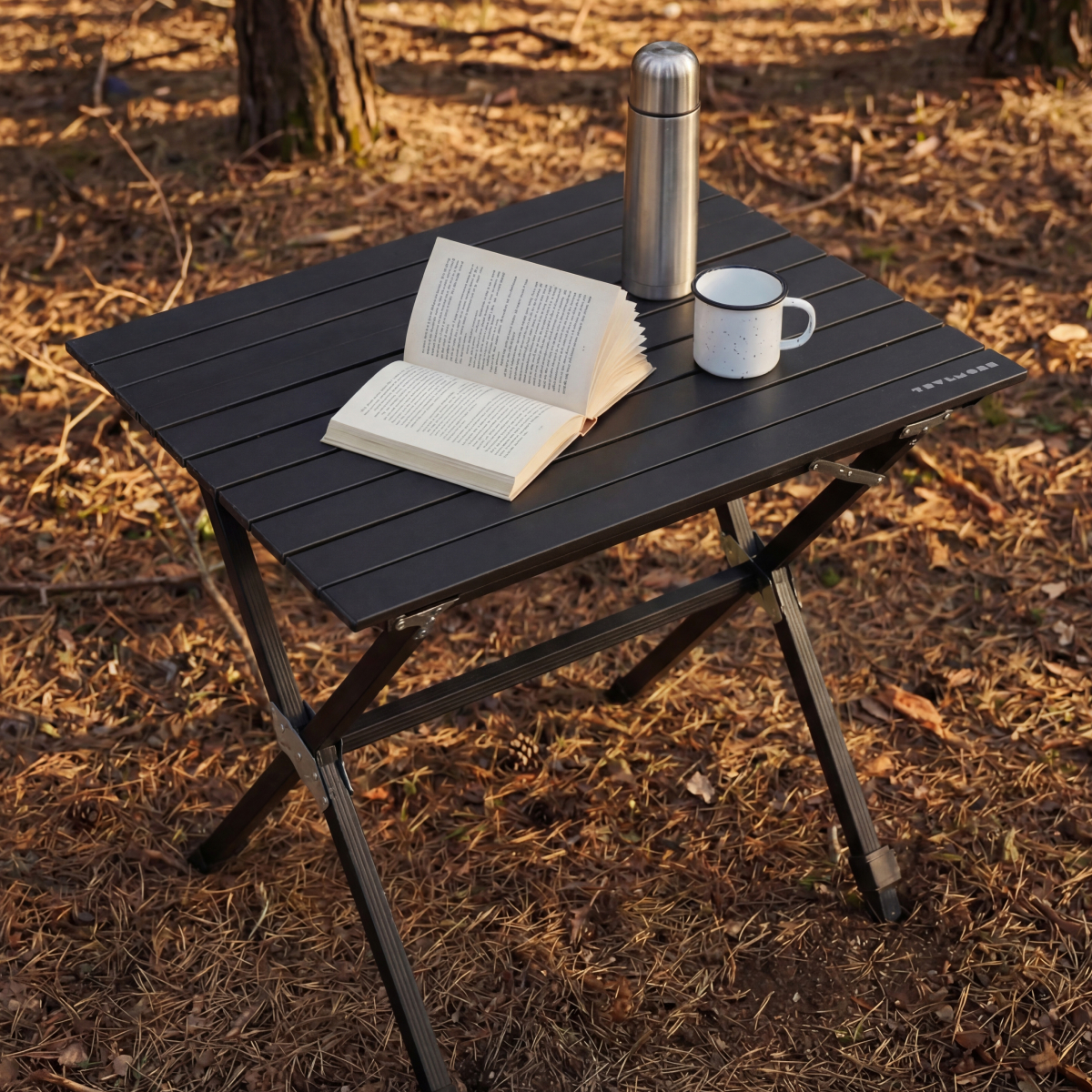 tuin tafel, opvouwbaar, mok, thermosfles?, boek