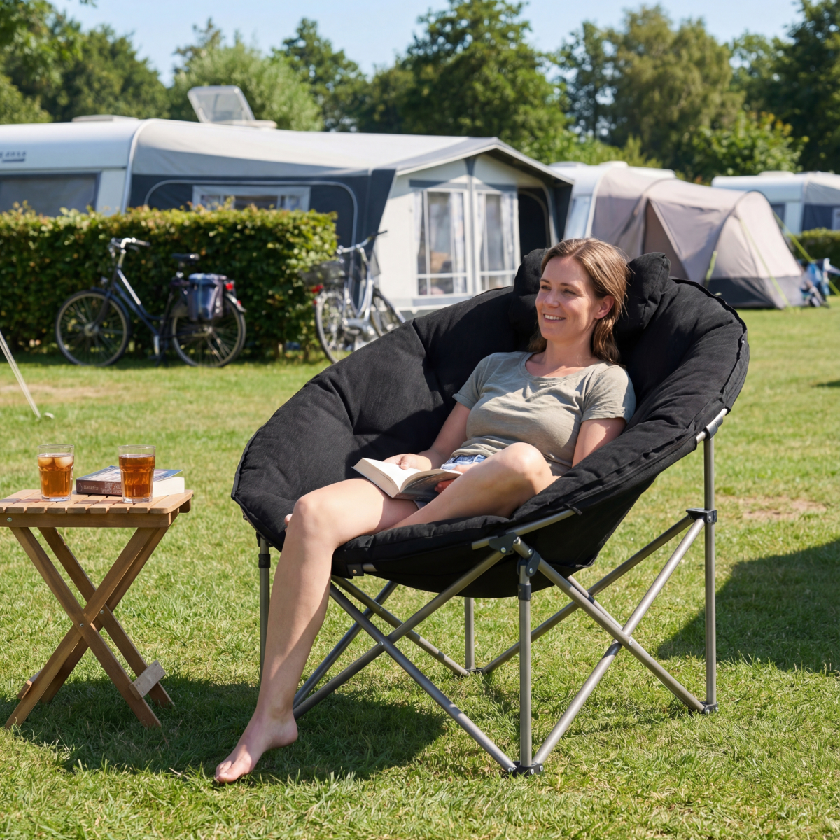 tuinstoel, loungestoel, opvouwbaar, camping, koffie/drankjes-tijd