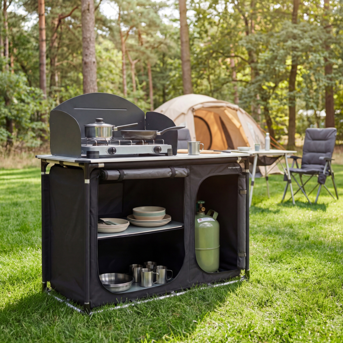 campingkook, gasfornuis, tuintafel, opbergruimte, tentsamenstelling
