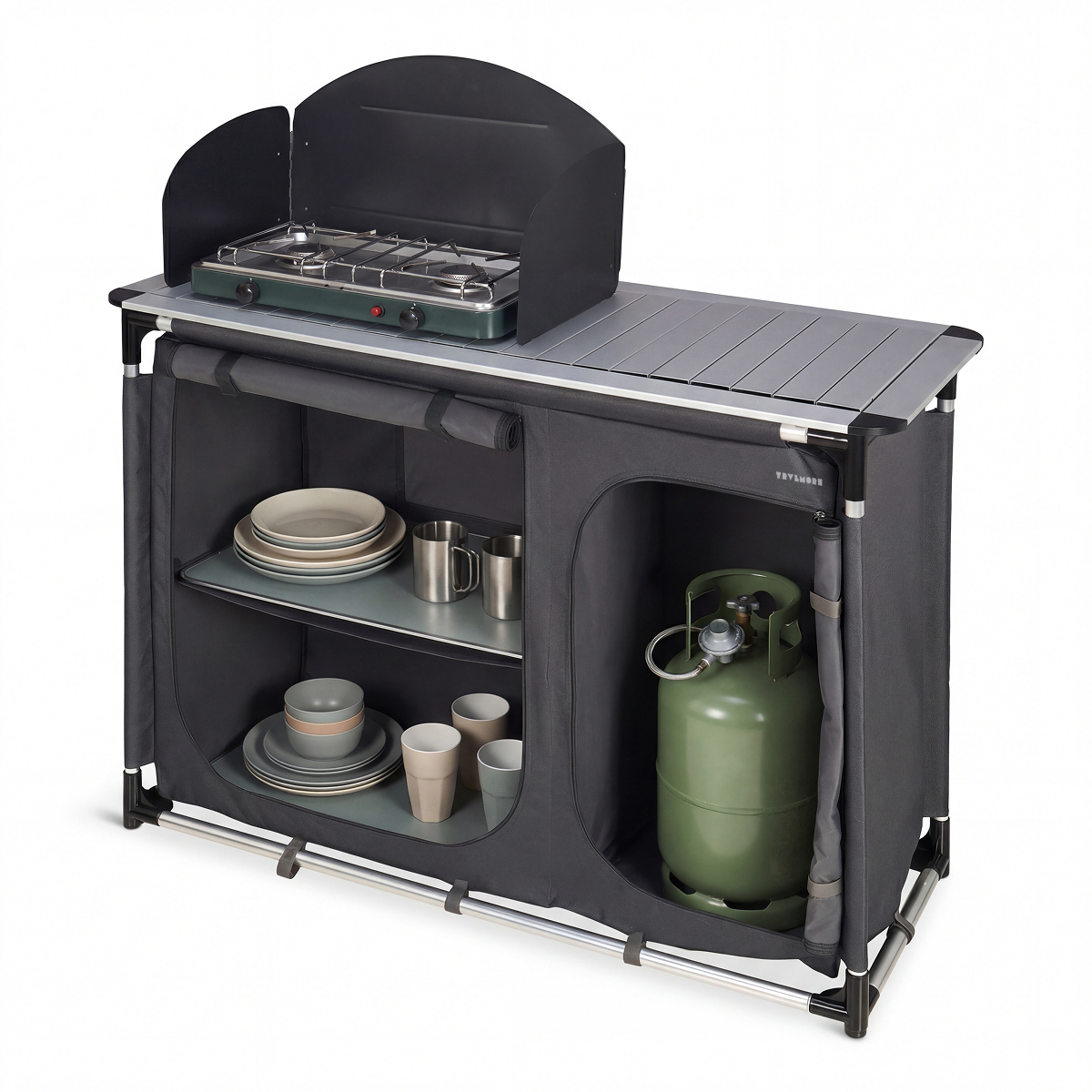 gastronomie-station, kampe-keuken, grill-bovenkant, gasfles, opslag-compartiment