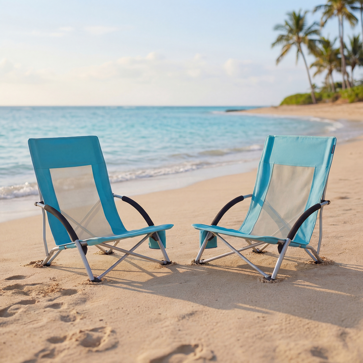 strandstoel, dukstoel, loungezetels, turkoois, zand