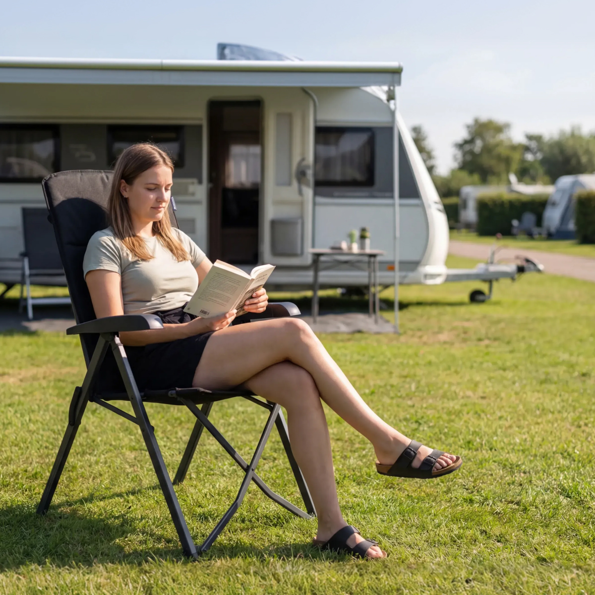 campingstoel, lezen, stacaravan, caravan, buiten ontspanning