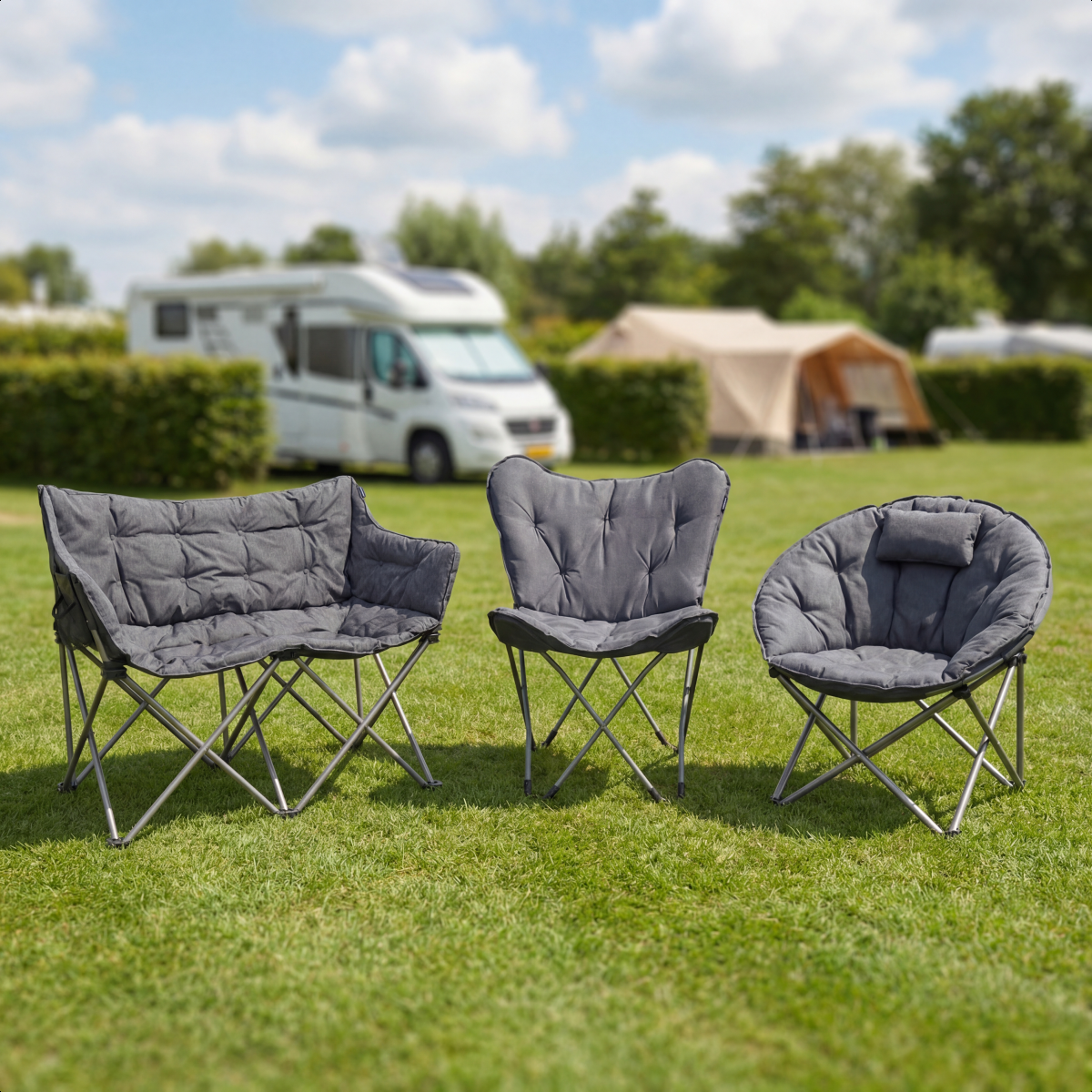 tuinset, campingstoel, klapstoel, grijze stoel, comfortabel
