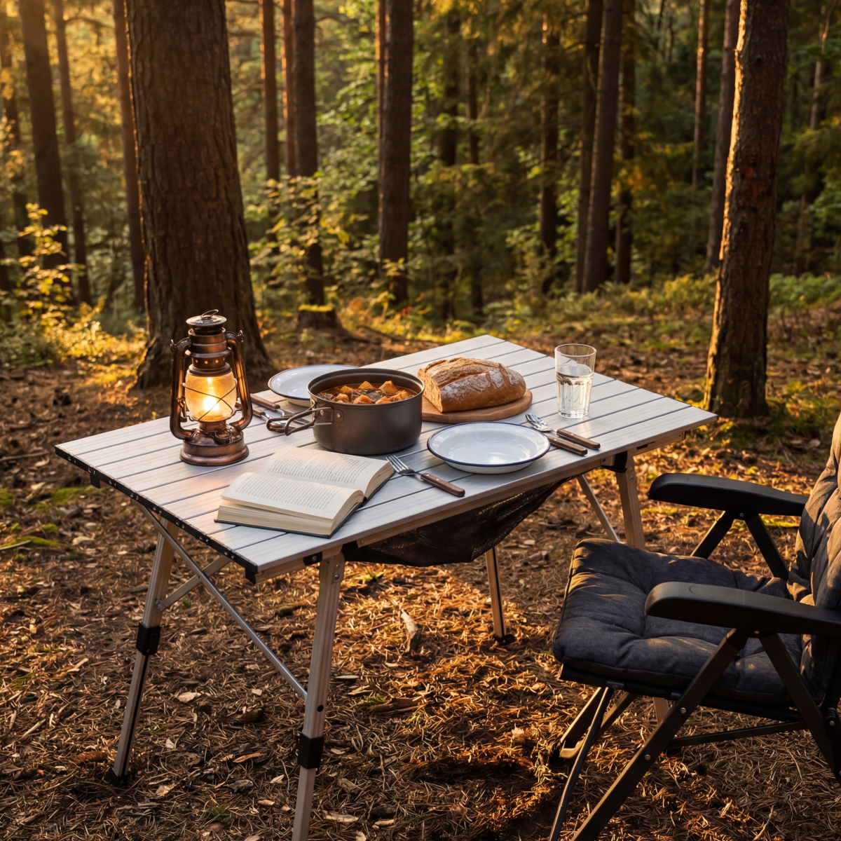 camping, outdoor table, camping meal, bread, lantern