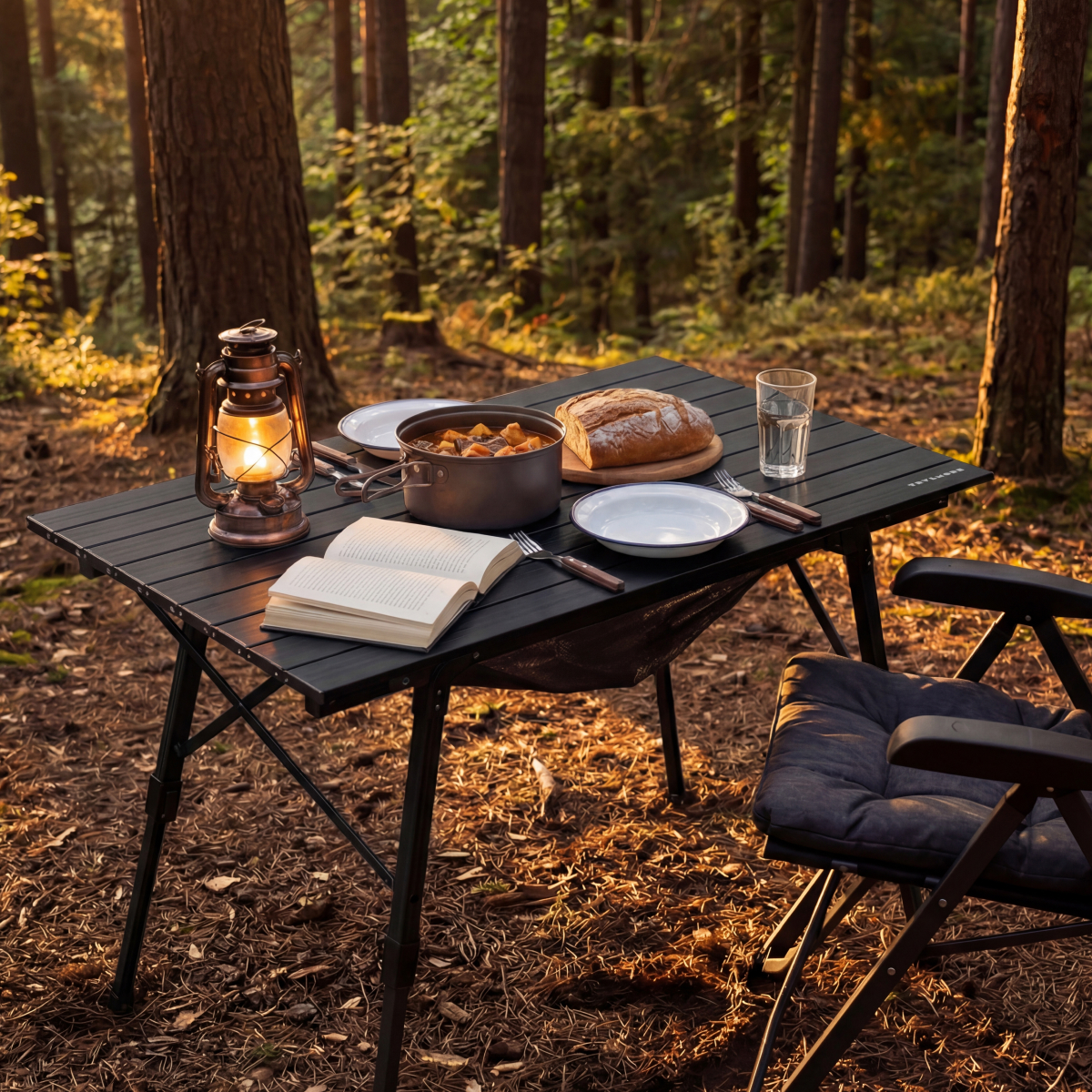 camping, outdoor tafel, pan, brood, boek