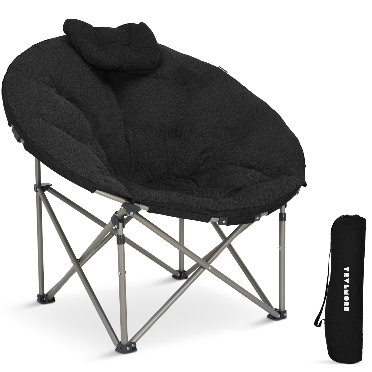 lounge chair, folding chair, black cushion, metal frame, carrying bag