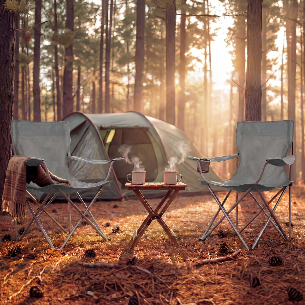 camping, tent, campingstoel, kookset, rookende drank