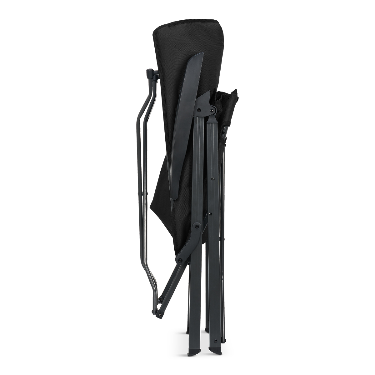 opvouwstoel, steel frame, zwarte bekleding, klapstoel, compact opgevouwen