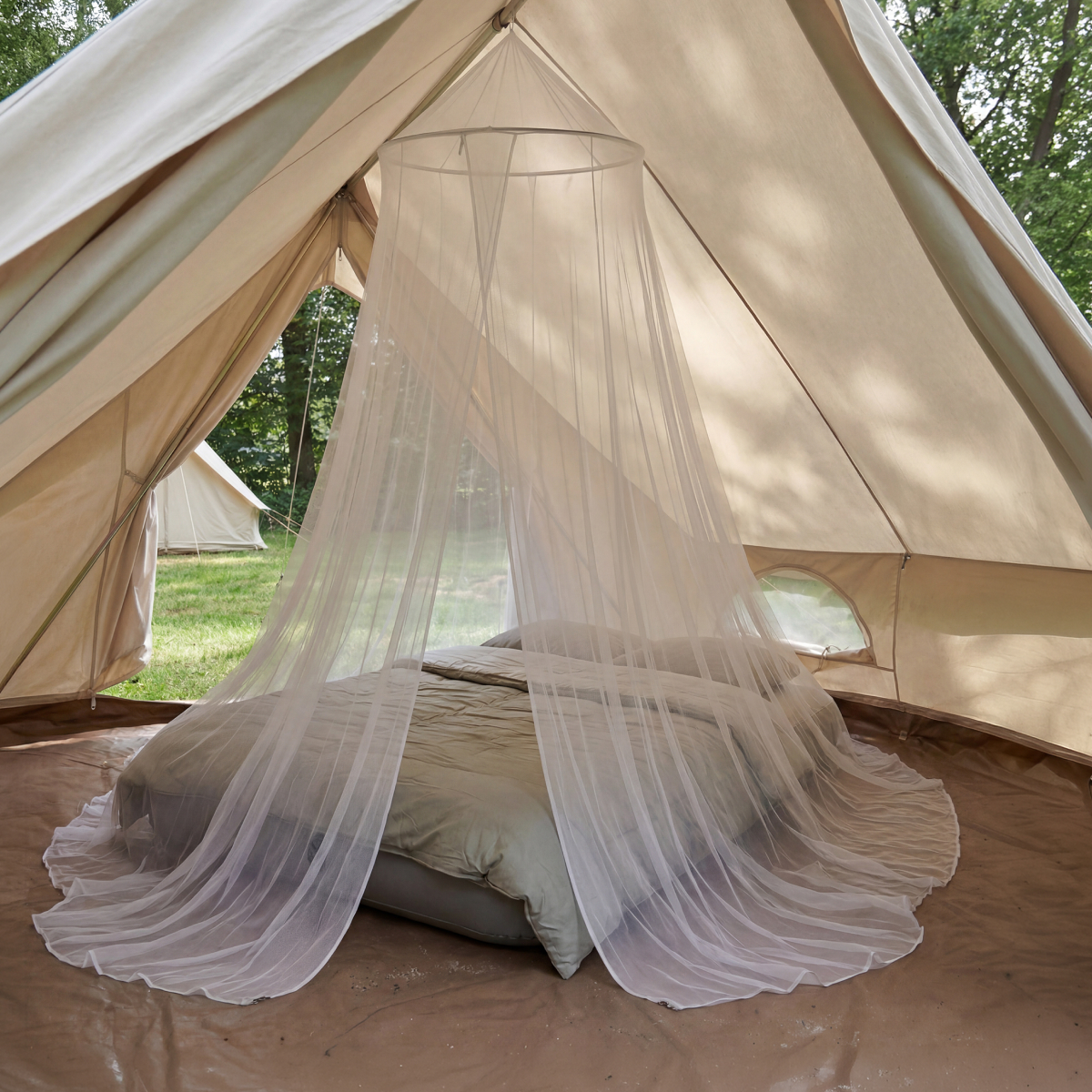 tente, bed, mosquito net, kussen, binnenkant