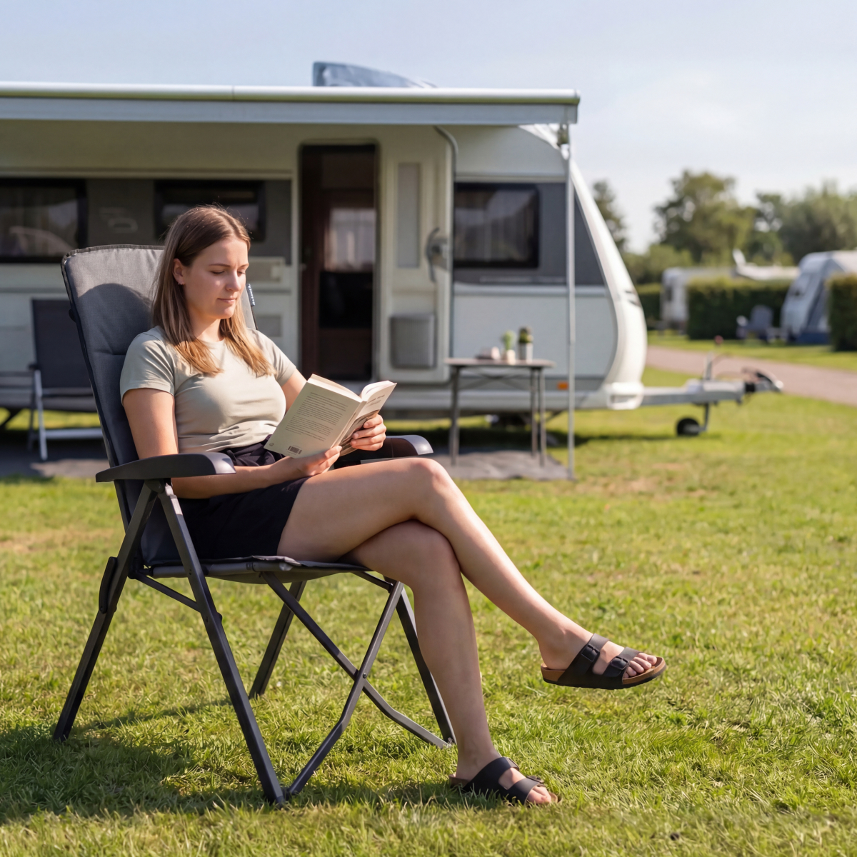 camping, caravan, stoel, lezen, buiten