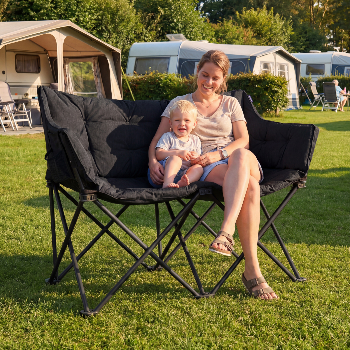 camping, folding chair, outdoor seating, mother and child, campground