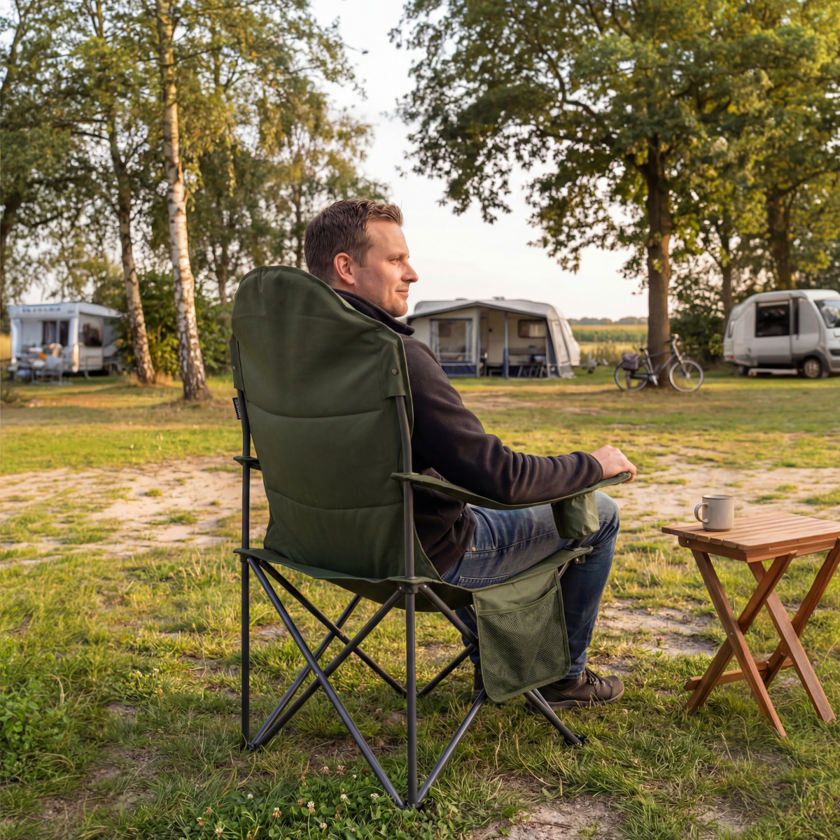 campingstoel, stoel, camping, groen, tuintafeltje